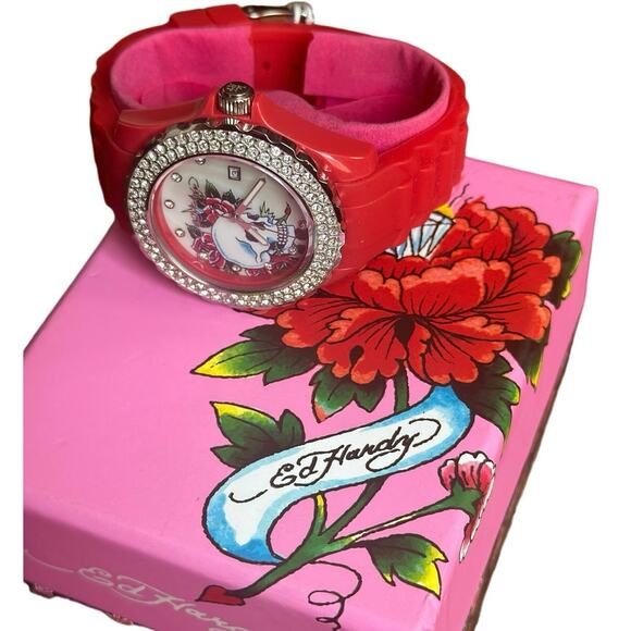NIB Ed Hardy Love Kills Slowly Watch Swarovski Crystals & Red Pink Band Y2K - Picture 3 of 14